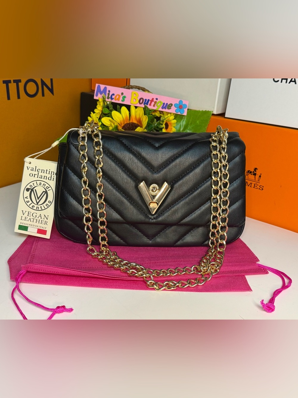 🆕VALENTINO ORLANDI Black Quilted Shoulder Bag with Gold Chain MSRP: $325